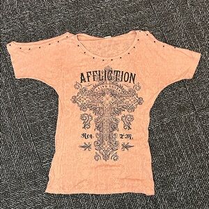 Vintage Affliction Coral Peach Graphic cross top embellished black jewels sz S